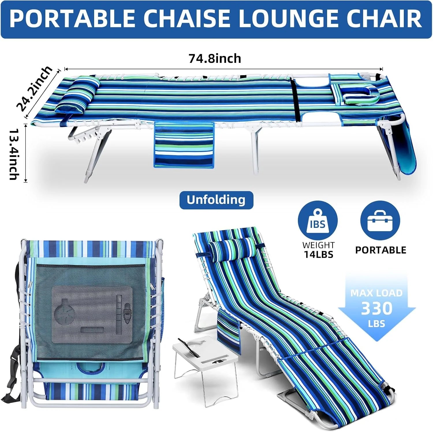 Special Beach Chair Face Holes, Lounge Chair Outdoor with Folding Side Table, 5-Position Recliner, Max 330lbs - Image 3