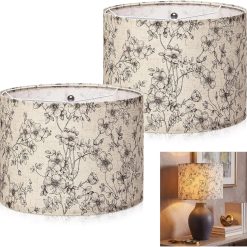 Special 2 Pack Chinoiserie Drum Lamp Shade 13 x 13 x 10 Inch Cream Linen Lampshade with Exquisite Bird Floral Lining
