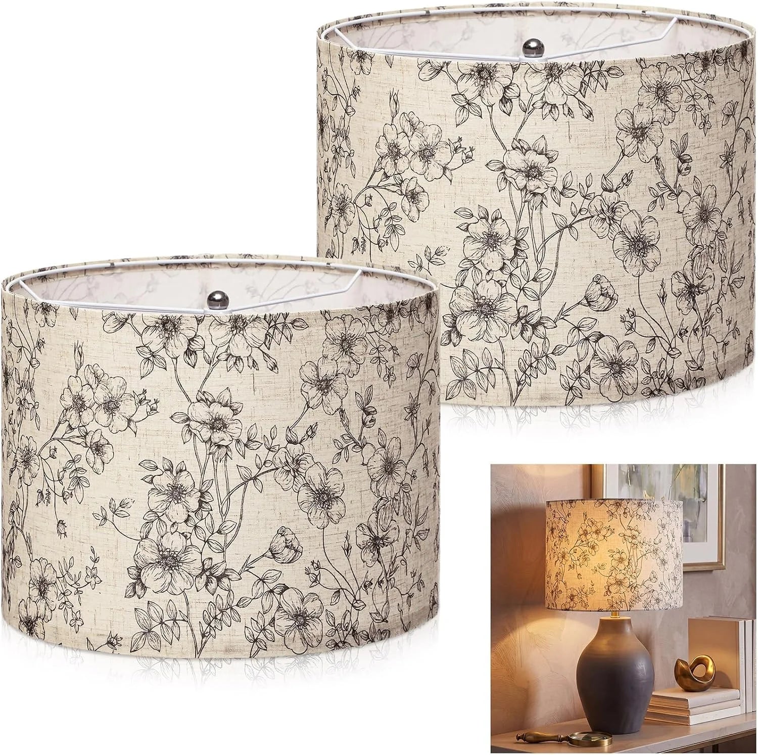 Special 2 Pack Chinoiserie Drum Lamp Shade 13 x 13 x 10 Inch Cream Linen Lampshade with Exquisite Bird Floral Lining