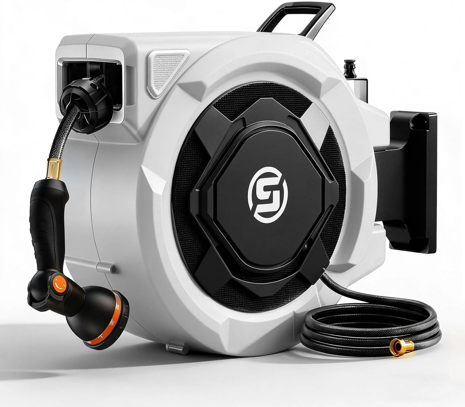 Special Retractable Garden Hose Reel, 1/2 x 100ft Wall Mounted Hose Reel with 3/4" Brass Fitting & 10-Pattern Nozzle