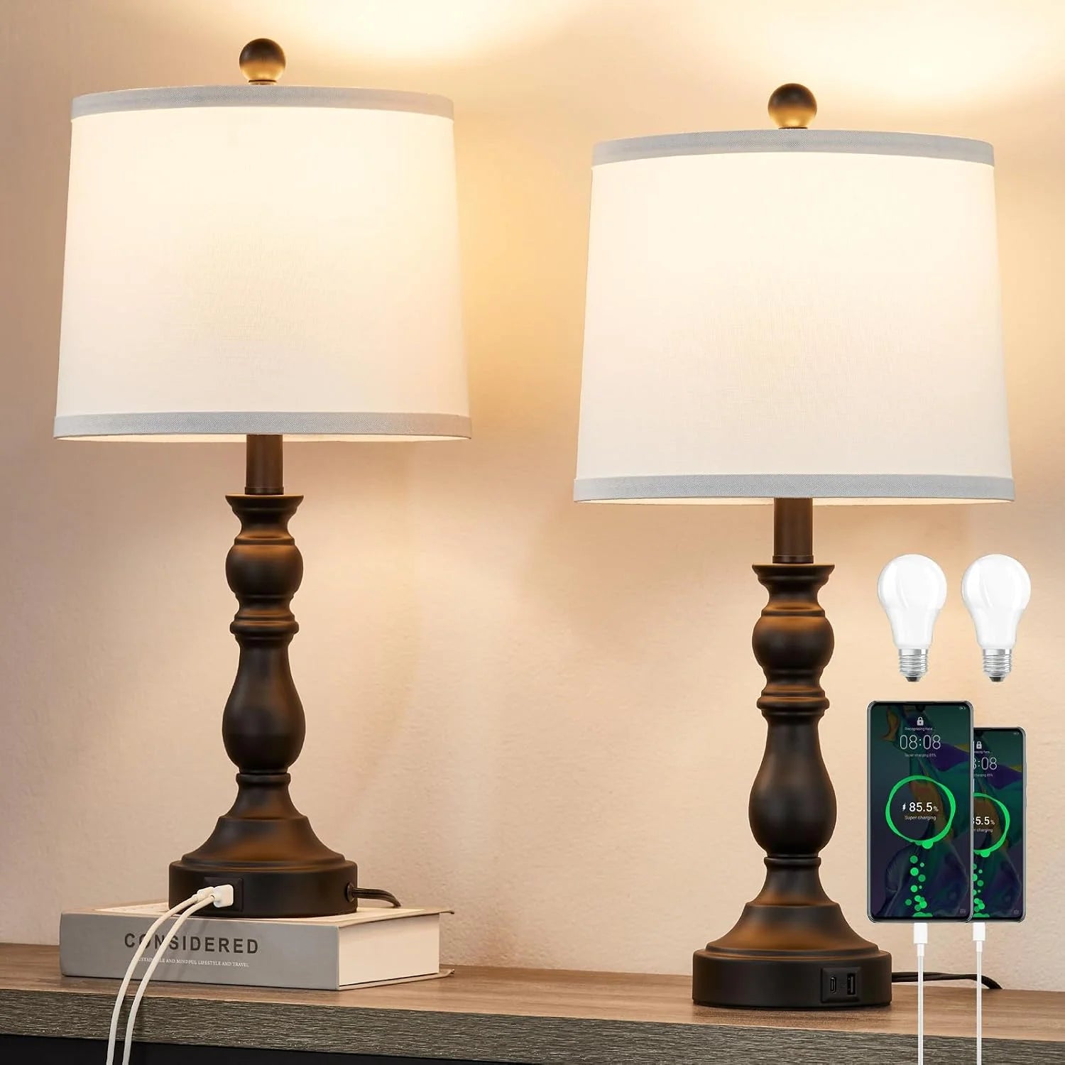 Special 23” Farmhouse Table Lamps for Living Room Set of 2 with USB C+A Ports, 3-Color Temperature, Bulb Included - Image 4