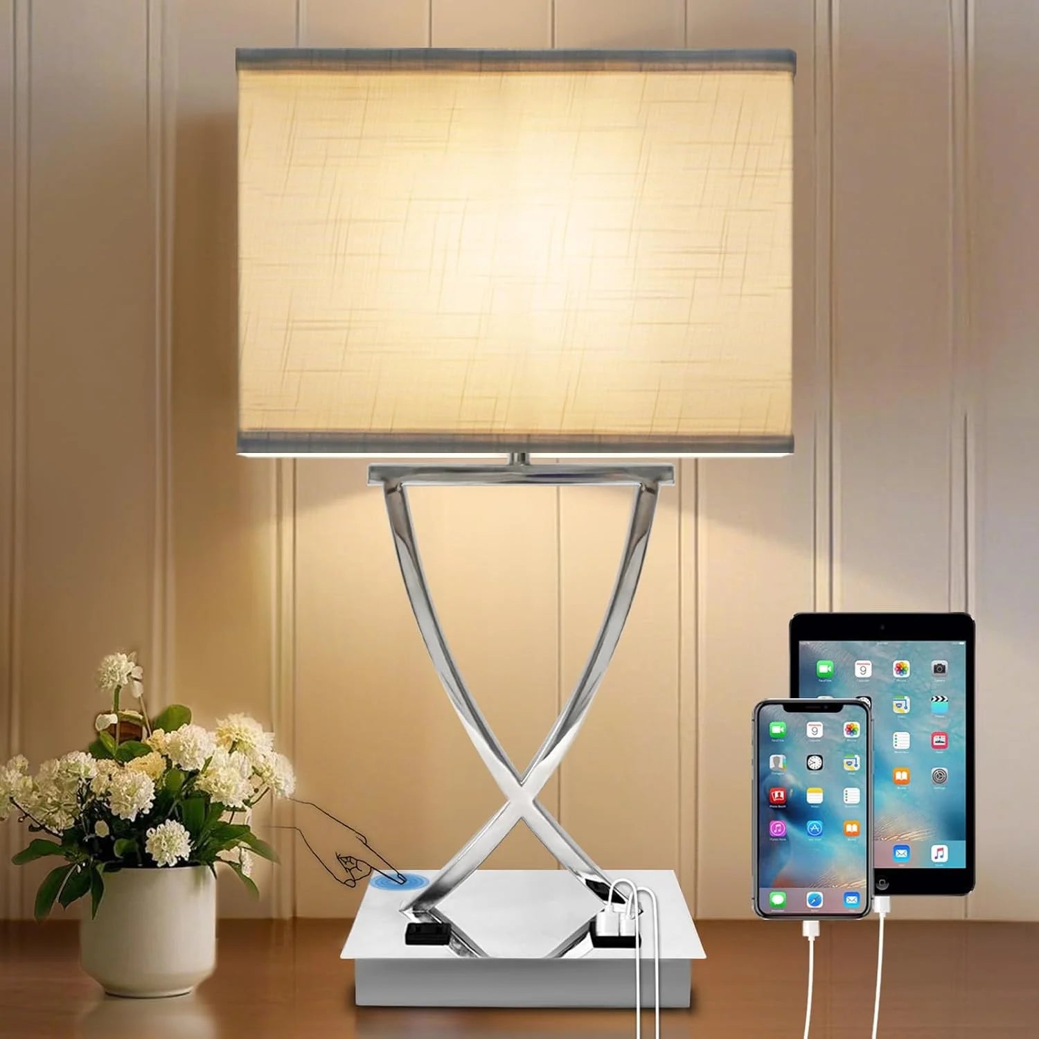 Special Fully Dimmable Medium Table Lamp for Bedroom with Type C/USB Charging Port and 1 AC Outlet White Shade 21.38 - Image 3