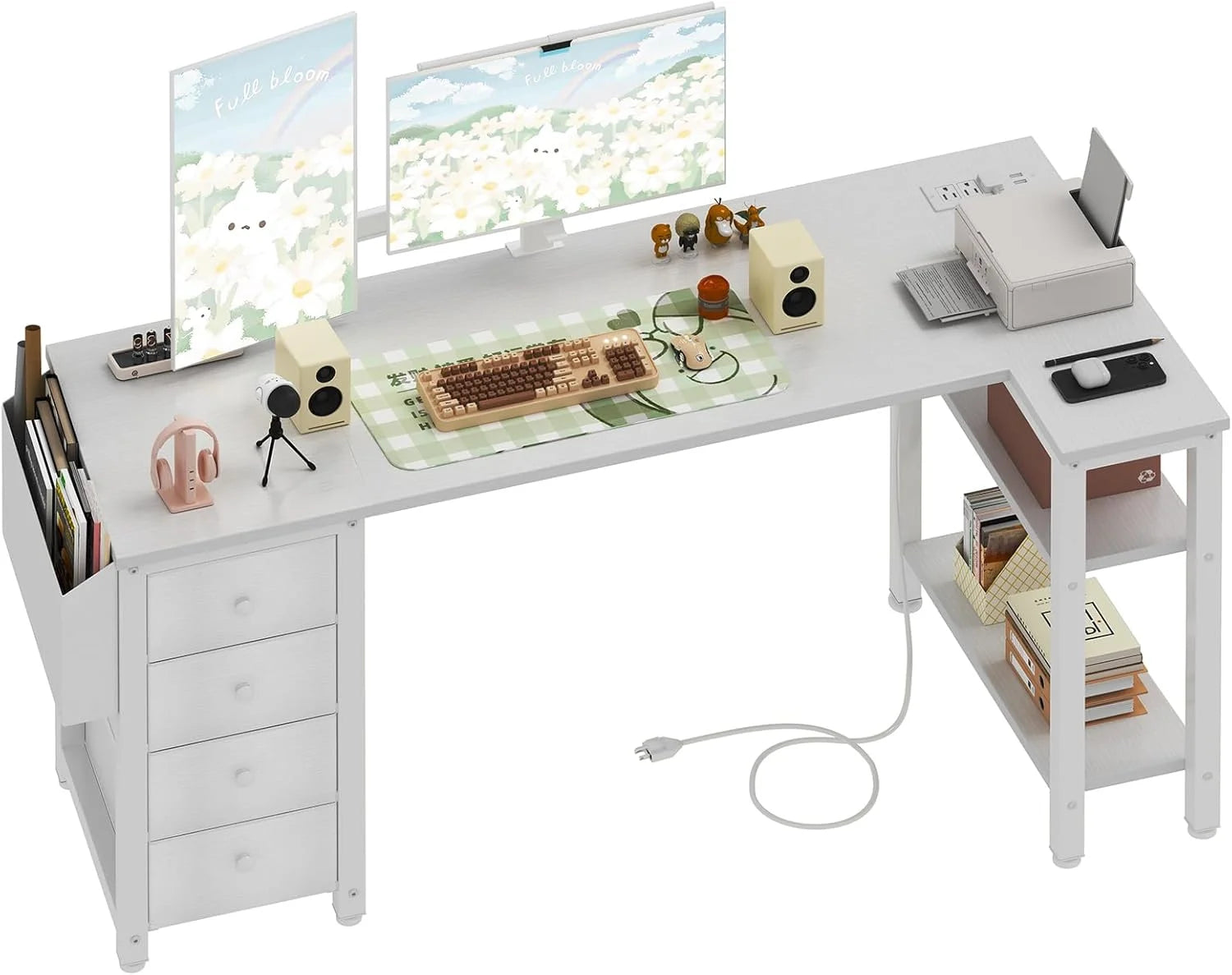 Special Lufeiya White L Shaped Computer Desk with Drawers & Storage Shelves, 47 Inch Corner Reversible Desk with Power Outlet - Image 5