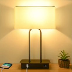 Special Dimmable Touch Control Table Lamp with 2 USB Ports and AC Power Outlet Modern Bedside Nightstand Lamp Fabric
