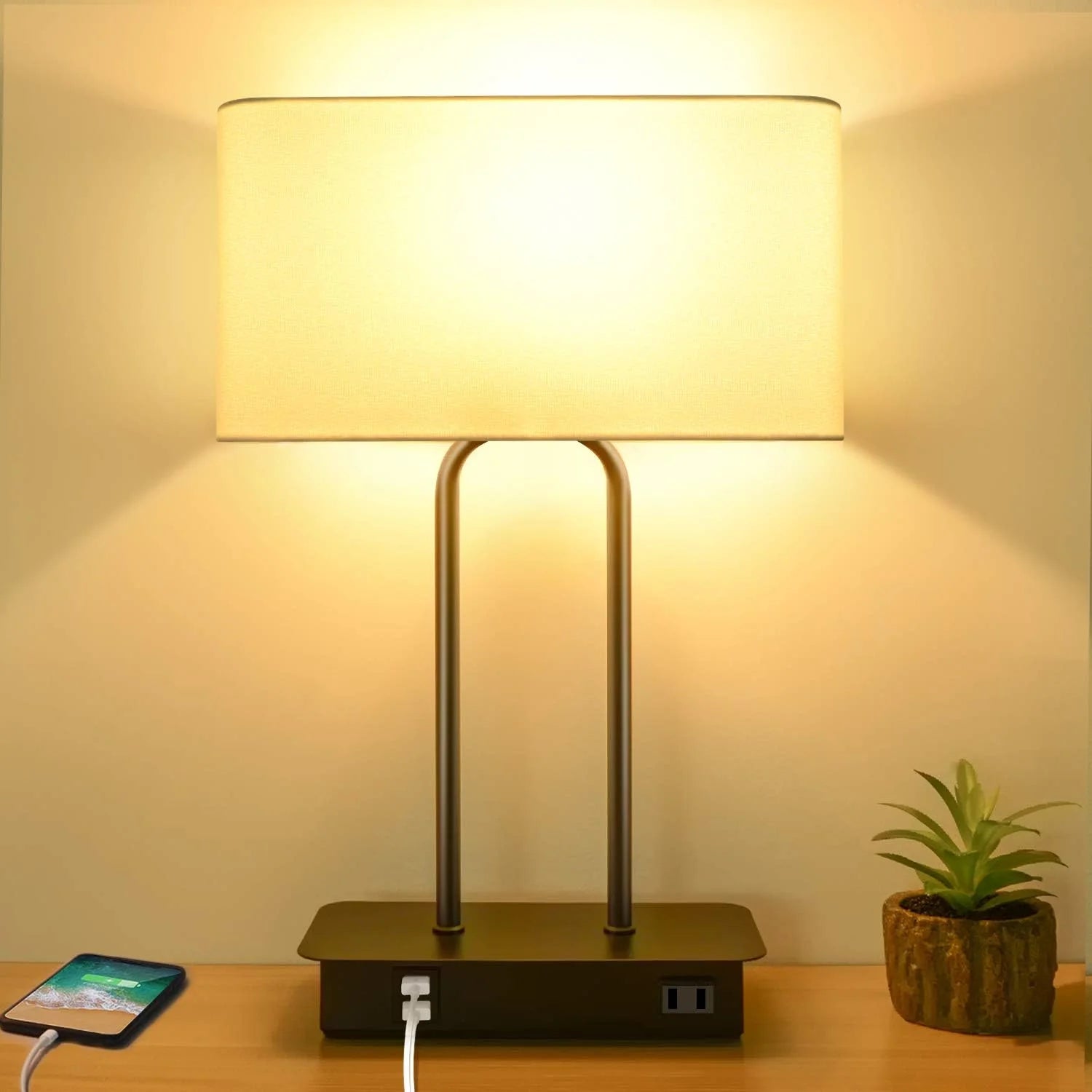 Special Dimmable Touch Control Table Lamp with 2 USB Ports and AC Power Outlet Modern Bedside Nightstand Lamp Fabric