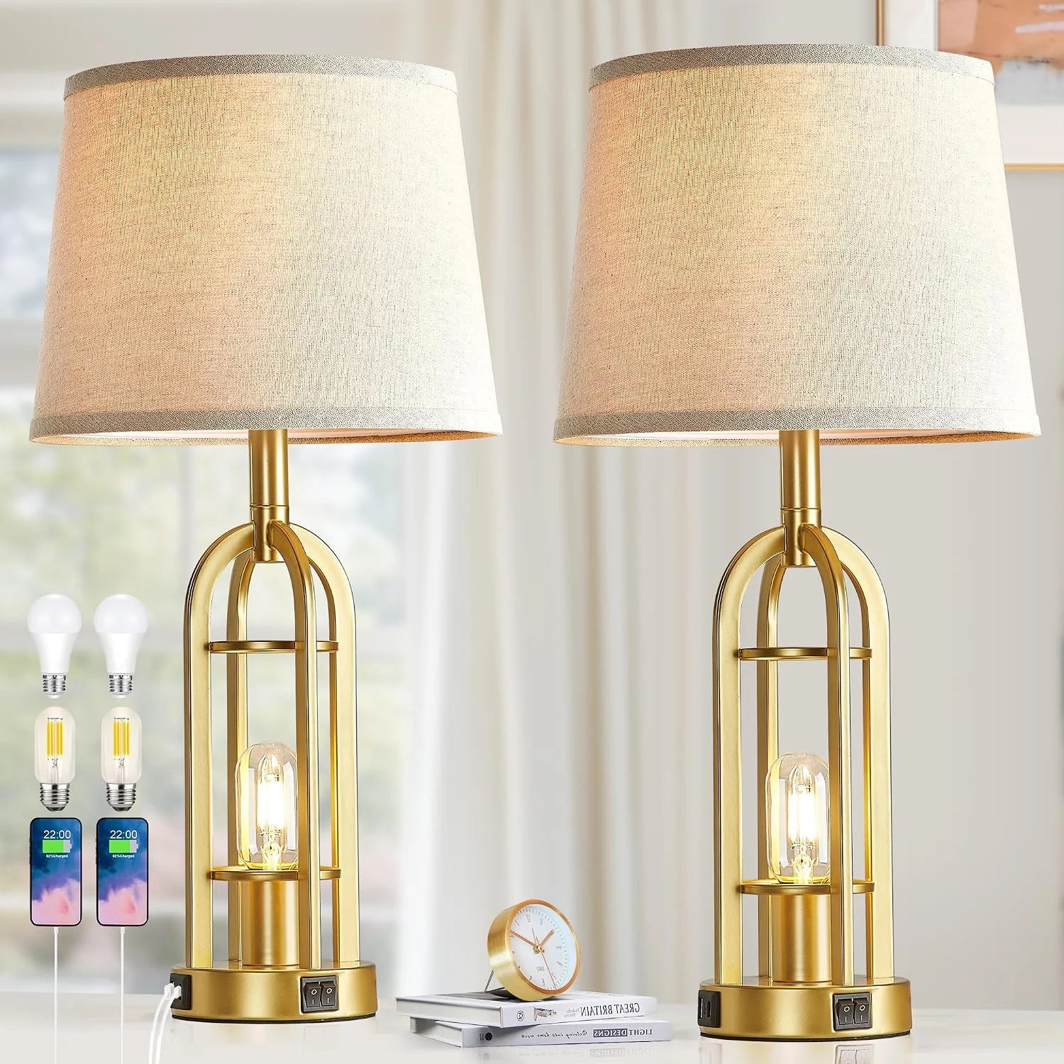 Special Black Table Lamps for Living Room Set of 2, Farmhouse Lamps for Night Stands with USB A+C