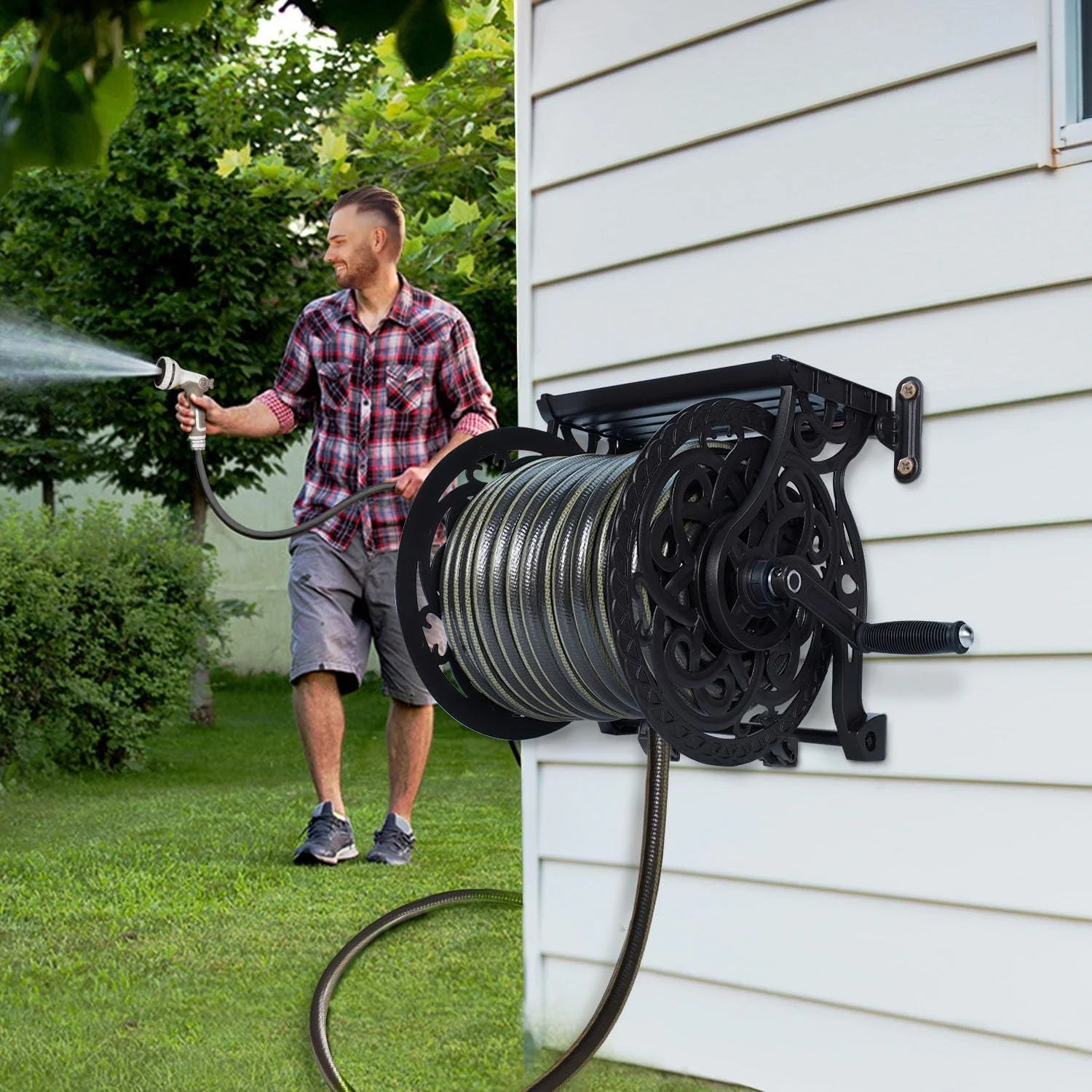 Special Wall Mount Garden Hose Reel for Outside, Holds 125 ft x 5/8" Hose Storage, Decorative Heavy Duty Water Hose - Image 5