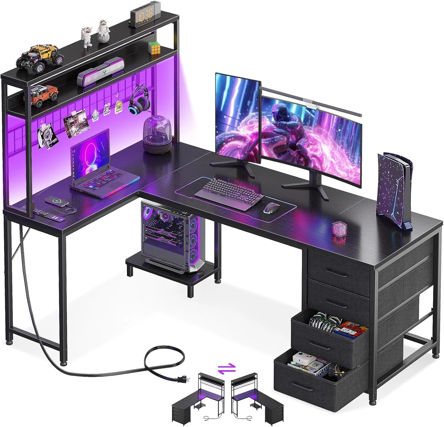 Special L Shaped Desk Gaming Desk with LED Light & Power Outlet, 53 Inch Black Reversible L Shaped Computer Table - Image 5