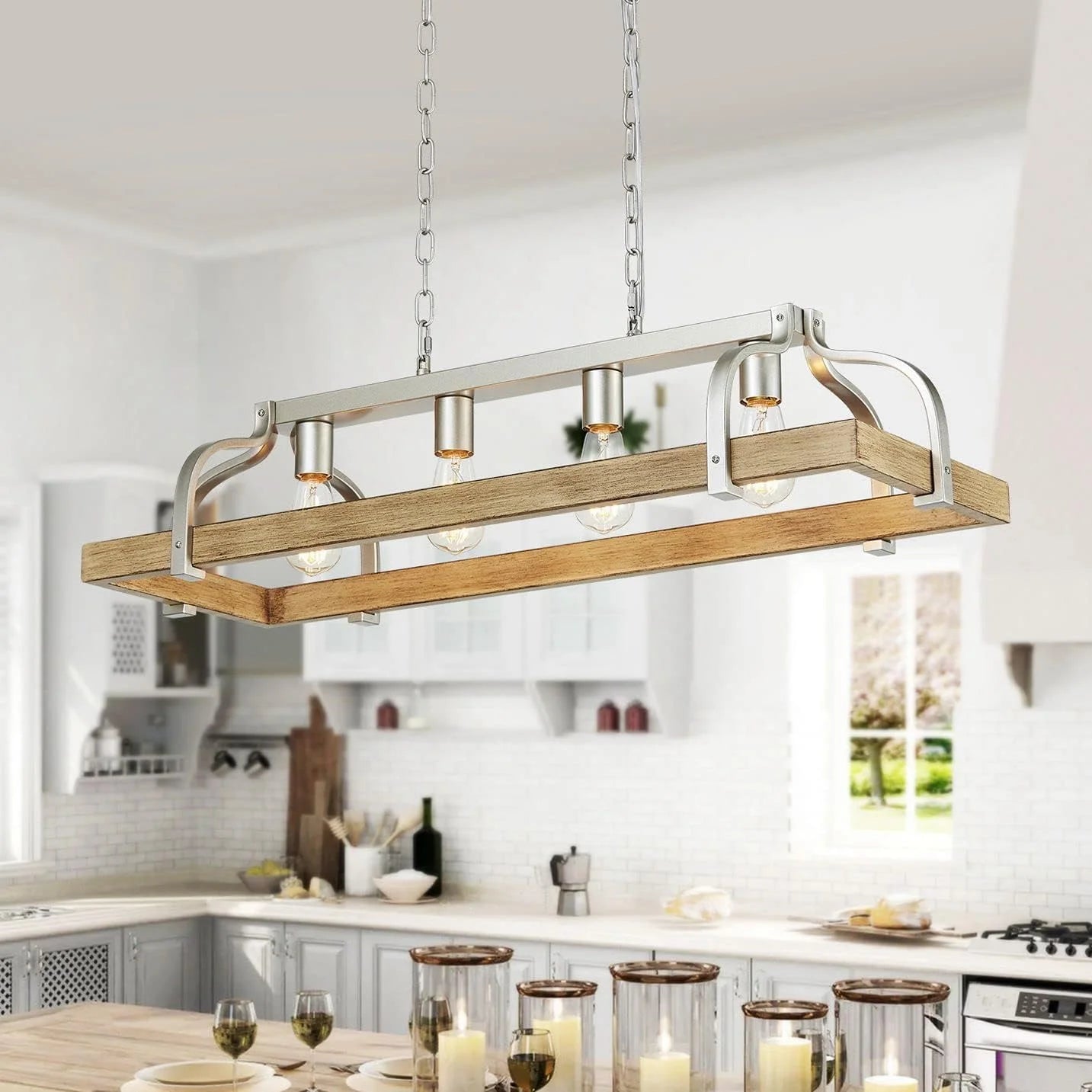 Special 5-Light Metal Chandelier Imitation Wood Grain Linear Pendant Ceiling Lighting Rustic Farmhouse Fixture Kitchen - Image 3