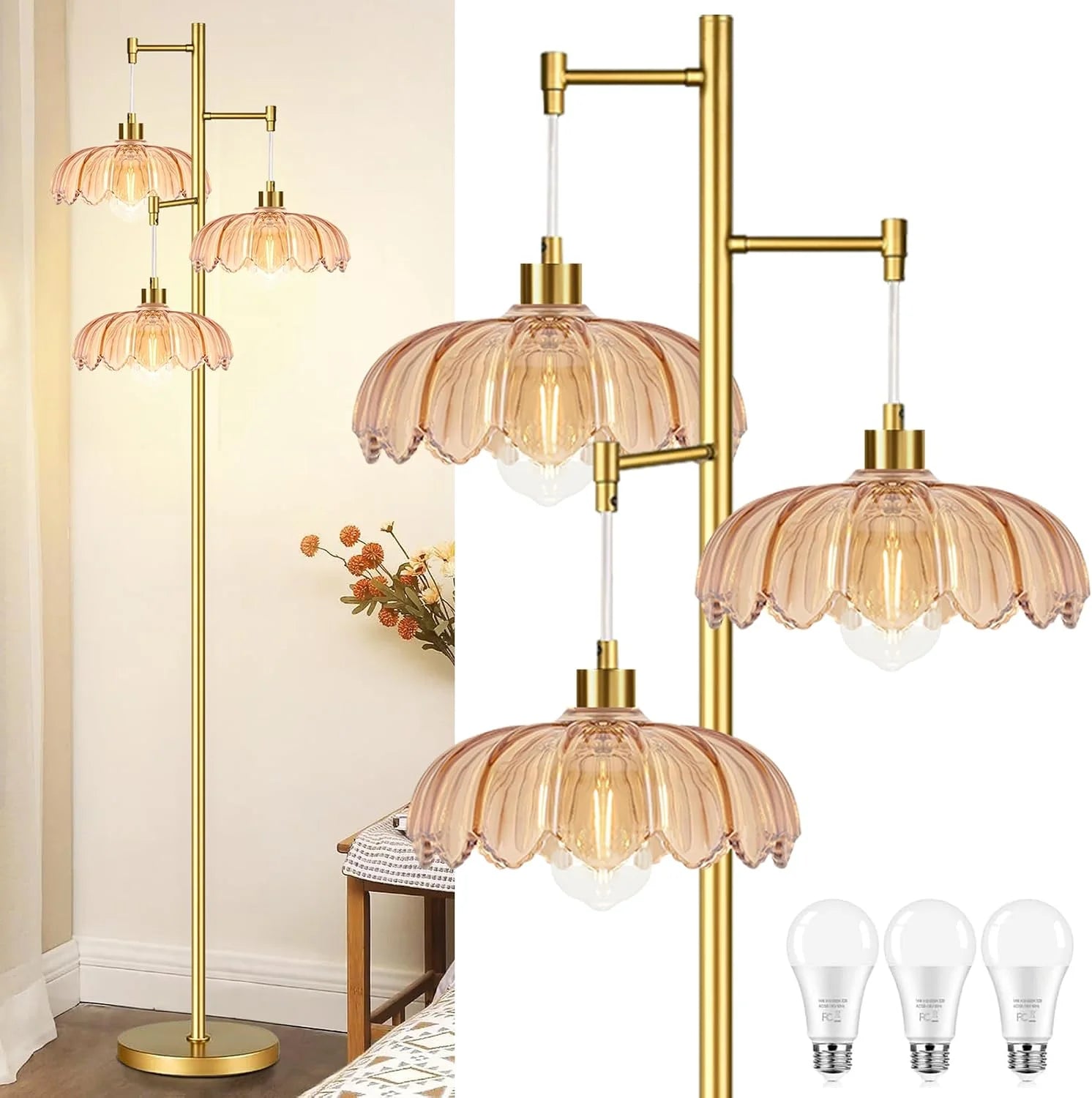 Special ZECOXOL Vintage Floor Lamp for Living Room Bedroom-3 Light Glass Floor Lamp with Three Led Bulb - Image 17