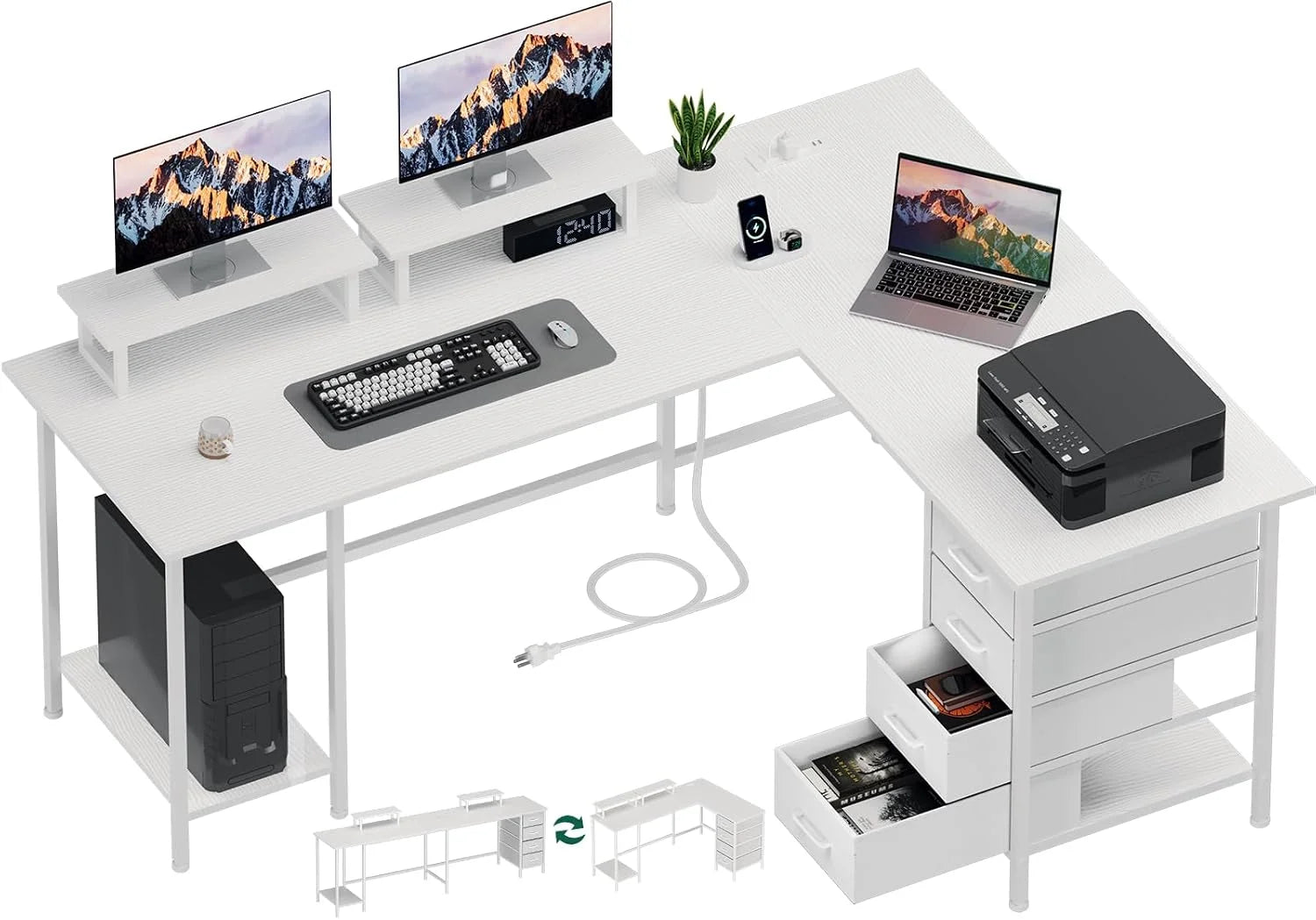 Special Korfile 59 inch L Shaped Computer Desk with Power Outlets, Home Office Desk with 4 Adjustable Storage Drawers & 2 - Image 3