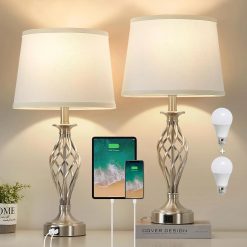 Special Lamp for Bedroom Set of 2 with USB C+A Ports, Bulb Included, Modern Bedside Lamps with Spiral Cage Base