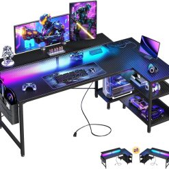 Special 48 Inch Gaming Desk with USB Charging Ports and LED Lights, Reversible L Shaped Computer Desk with Storage Shelves