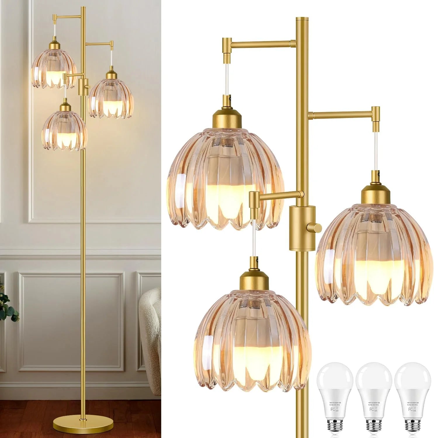 Special ZECOXOL Vintage Floor Lamp for Living Room Bedroom-3 Light Glass Floor Lamp with Three Led Bulb - Image 10