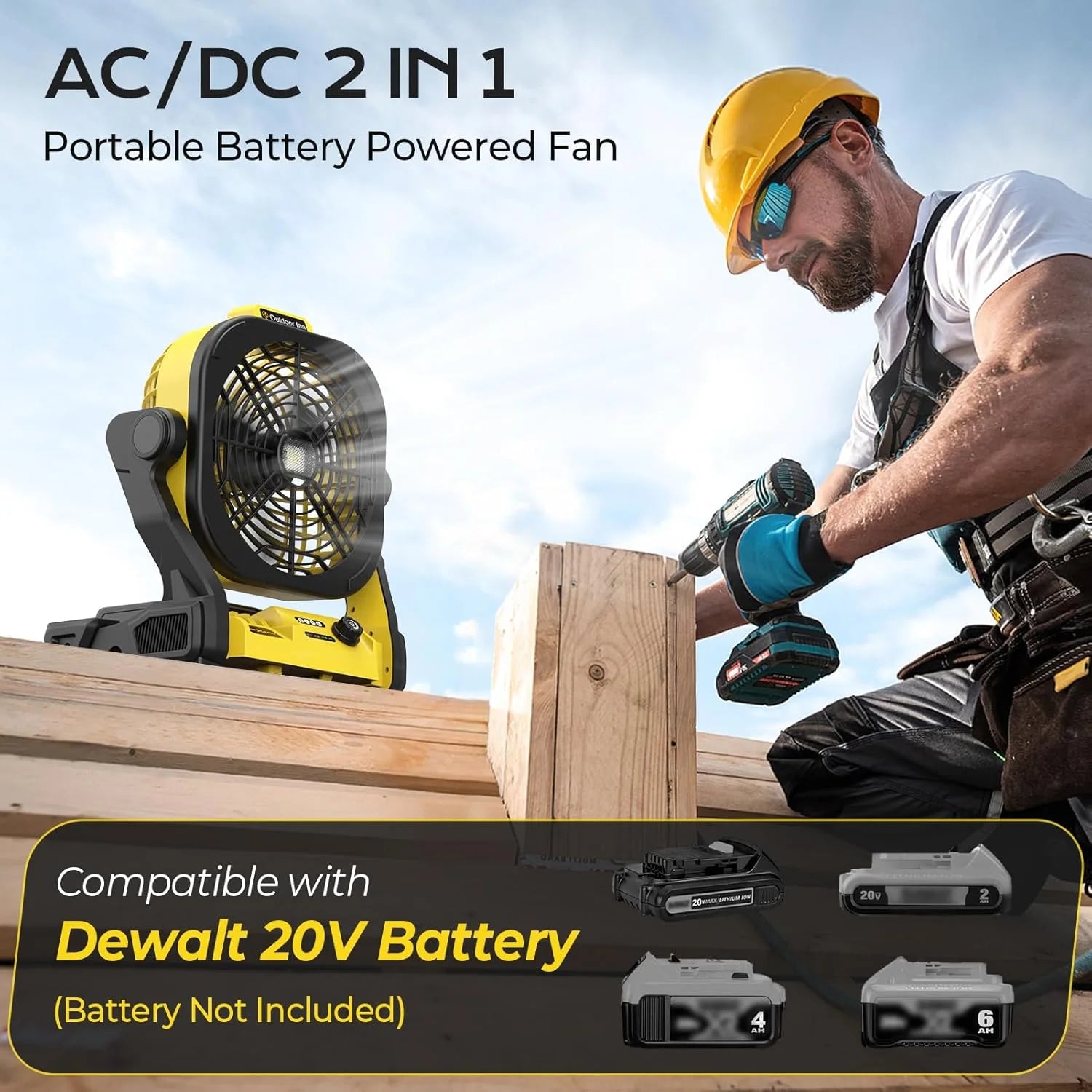 Special Battery Operated Fan for Dewalt 20V Max battery, Portable Fan with AC Adapter & LED Lights, 4 Speeds & Hook - Image 3