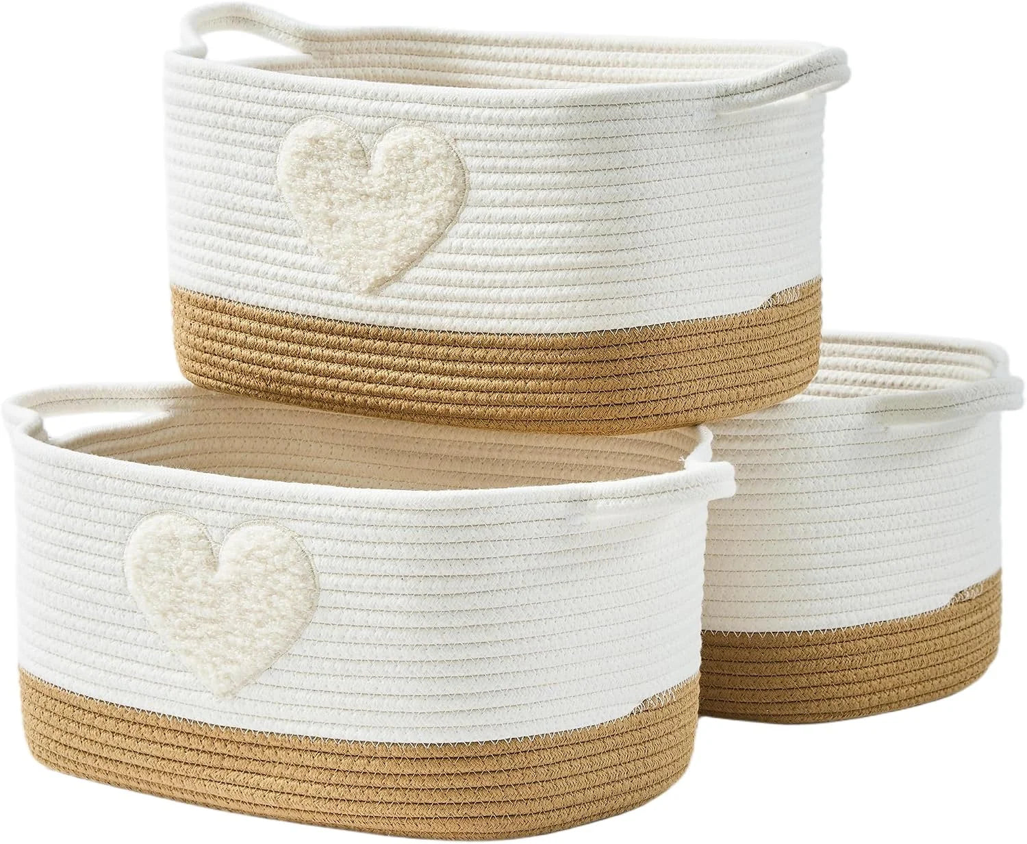 Special Basket, Woven Baskets for Shelves, White/Brown, 3 Pack Boho Cotton Rope Storage Baskets - Image 3