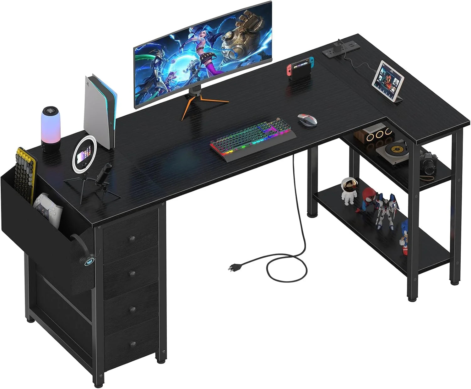 Special Lufeiya White L Shaped Computer Desk with Drawers & Storage Shelves, 47 Inch Corner Reversible Desk with Power Outlet - Image 11
