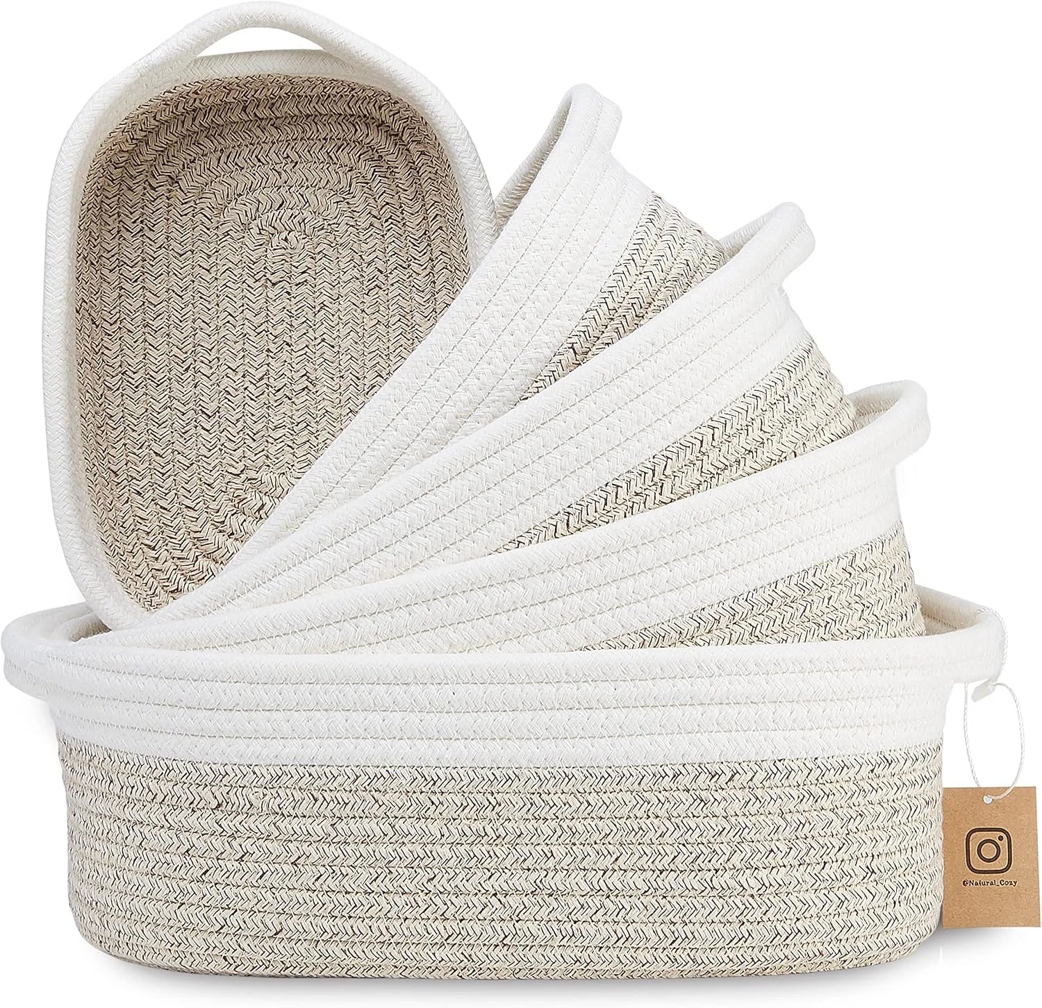 Special 5-Piece Rectangle Storage Basket Set- Natural Cotton Rope Woven for Organizing! Small Basket - Image 6