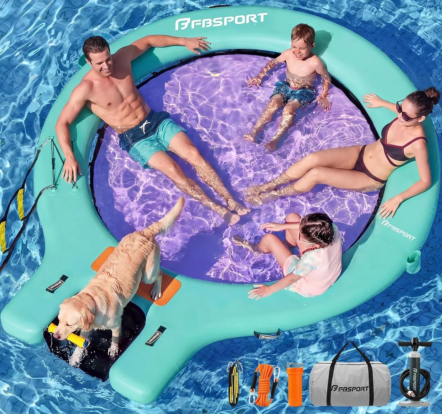 Special Inflatable Water Hammock Floating Dock with Boat Ramp, Round Floating Ring Inflatable Raft with Cup Holders