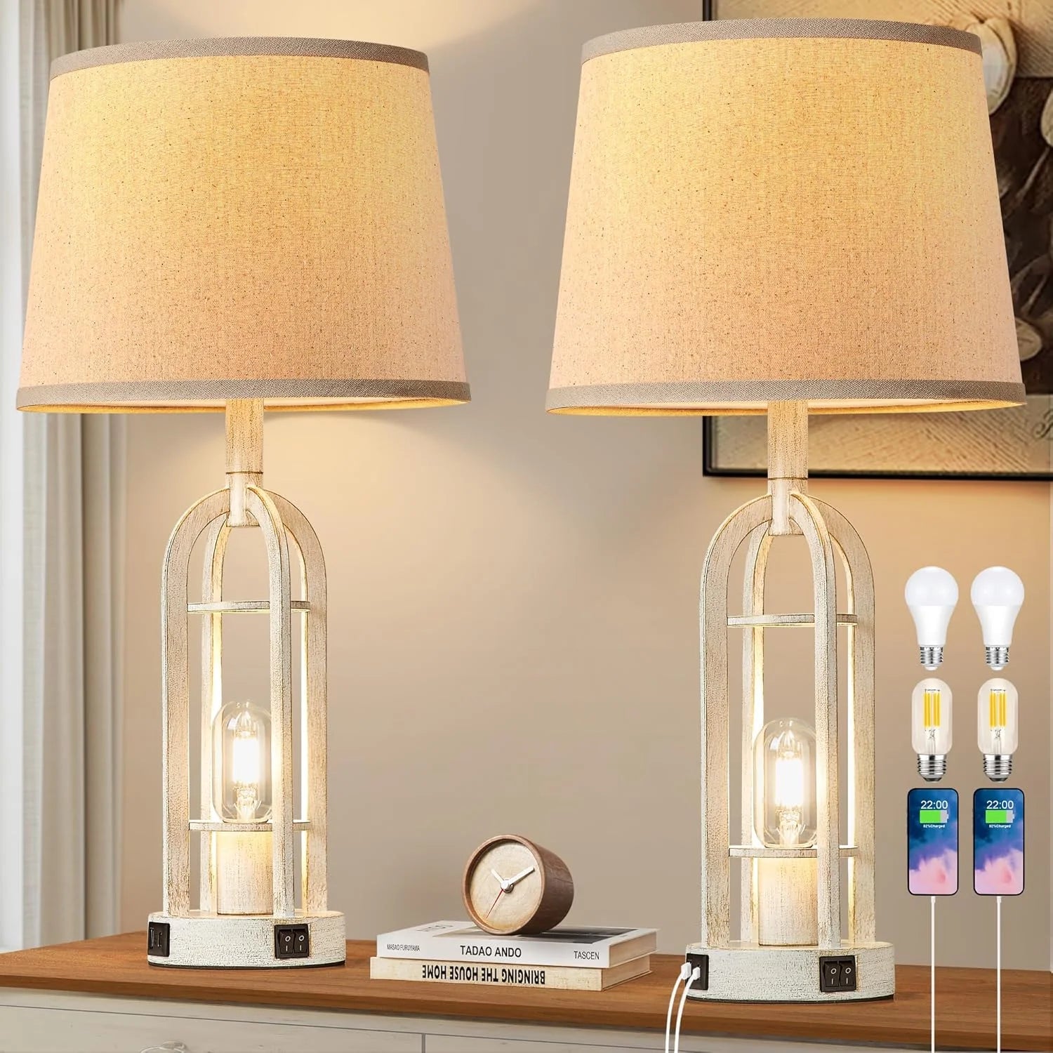 Special Black Table Lamps for Living Room Set of 2, Farmhouse Lamps for Night Stands with USB A+C - Image 5