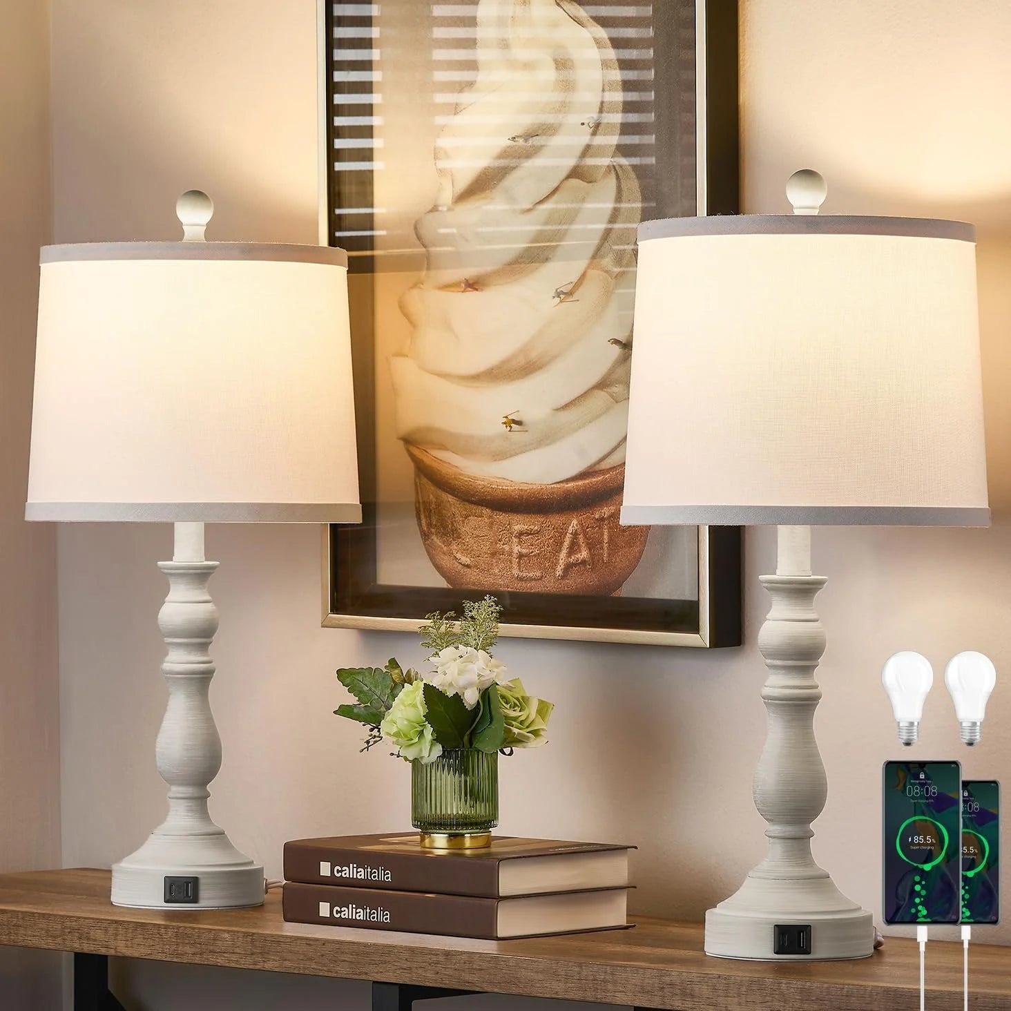 Special 23” Farmhouse Table Lamps for Living Room Set of 2 with USB C+A Ports, 3-Color Temperature, Bulb Included - Image 5