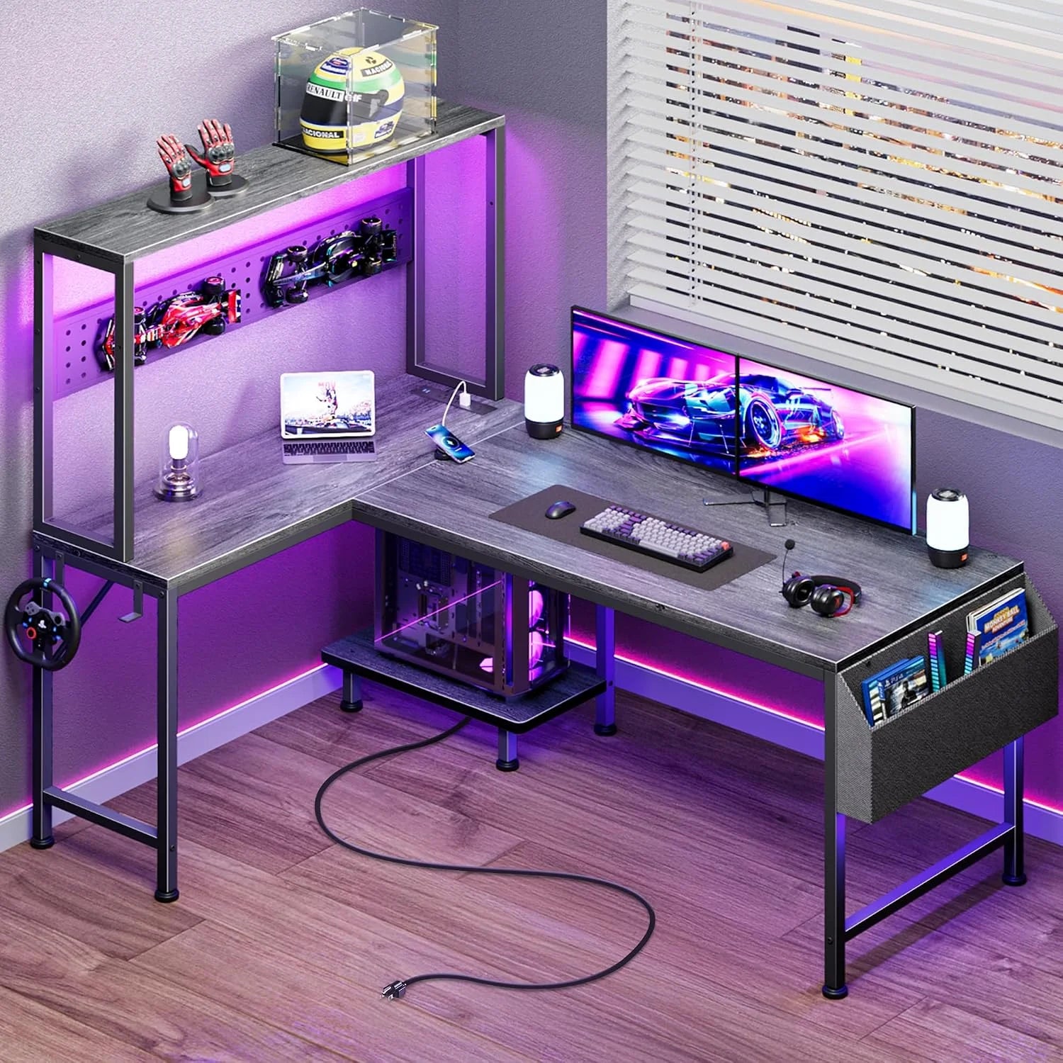 Special L Shaped Gaming Desk with LED Lights & Power Outlets, Reversible Computer Desk with Storage Shelves & Bag - Image 7