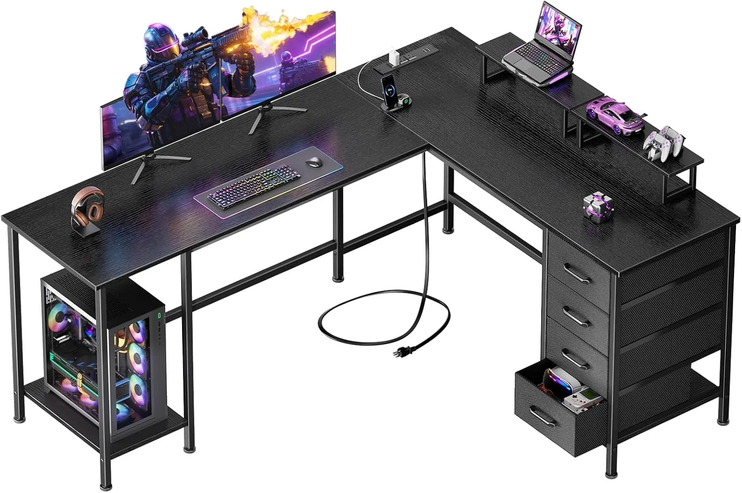Special Korfile 59 inch L Shaped Computer Desk with Power Outlets, Home Office Desk with 4 Adjustable Storage Drawers & 2 - Image 2