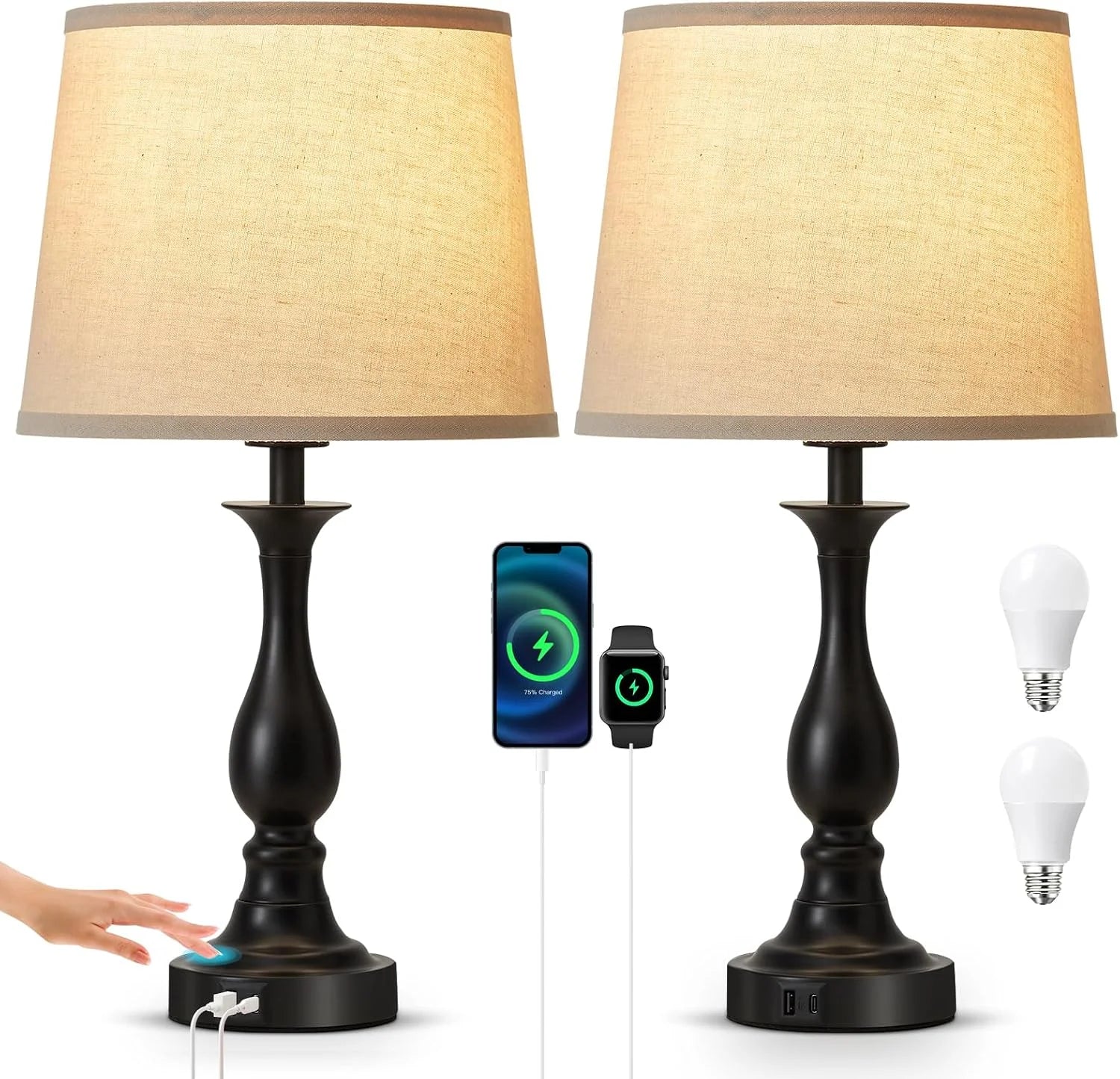 Special Bedside Table Lamp Touch Control Bedroom Lamps with USB A and C Charging Port 3 Way Dimmable Touch Lamps for Nightstand - Image 3