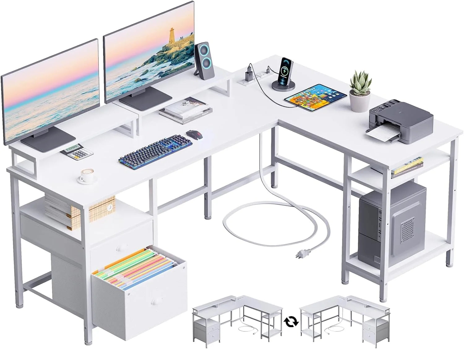 Special Furologee 66" L Shaped Desk with Power Outlet, Reversible Home Office Desk with File Drawer, 2 Monitor Stands - Image 6