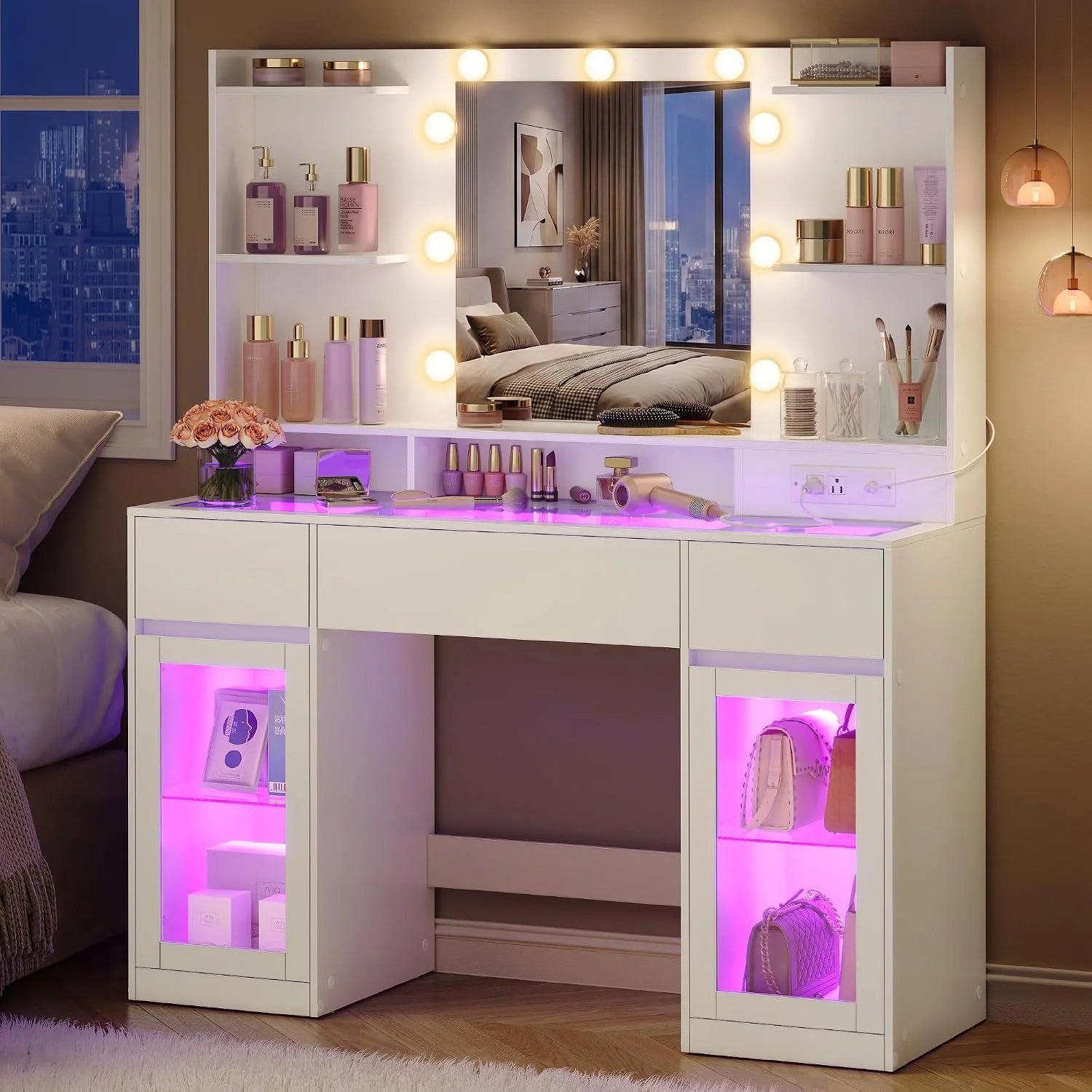 Special VASAGLE KAILYN Collection, Vanity Desk with Mirror and 9 LED Bulbs, Dressing Table with 9 Drawers - Image 5