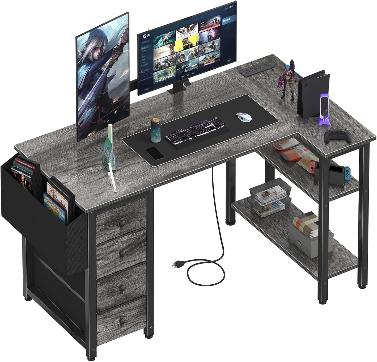 Special Lufeiya White L Shaped Computer Desk with Drawers & Storage Shelves, 47 Inch Corner Reversible Desk with Power Outlet - Image 10