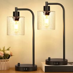 Special Lynnoland Set of 2 Industrial Table Lamps with 2 USB, Dimmable, Bulb Included