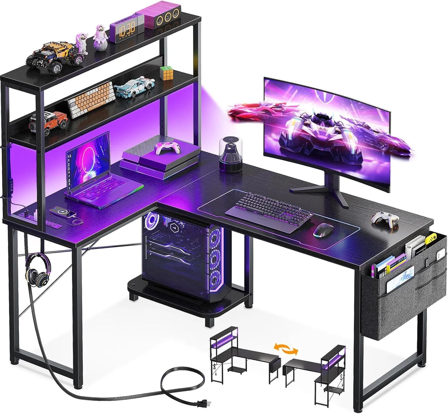 Special L Shaped Desk Gaming Desk with LED Light & Power Outlet, 53 Inch Black Reversible L Shaped Computer Table