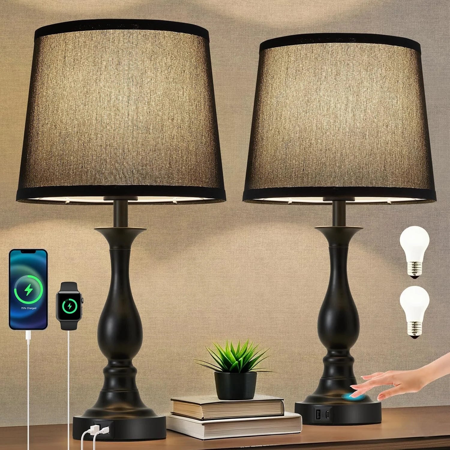 Special Bedside Table Lamp Touch Control Bedroom Lamps with USB A and C Charging Port 3 Way Dimmable Touch Lamps for Nightstand - Image 7