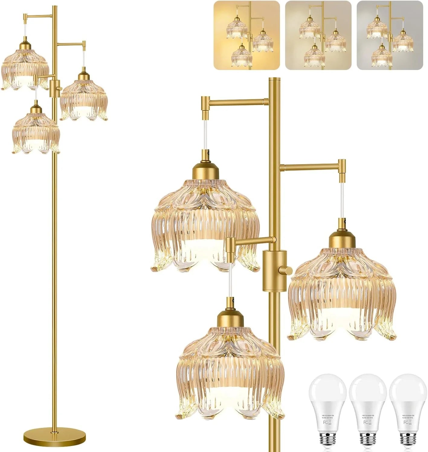 Special ZECOXOL Vintage Floor Lamp for Living Room Bedroom-3 Light Glass Floor Lamp with Three Led Bulb - Image 3