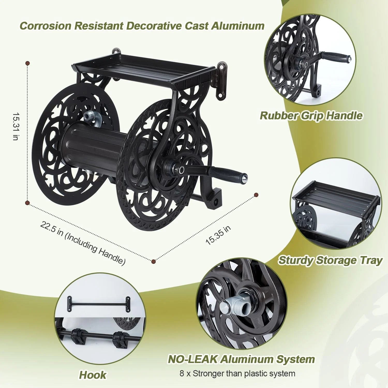 Special Wall Mount Garden Hose Reel for Outside, Holds 125 ft x 5/8" Hose Storage, Decorative Heavy Duty Water Hose - Image 7