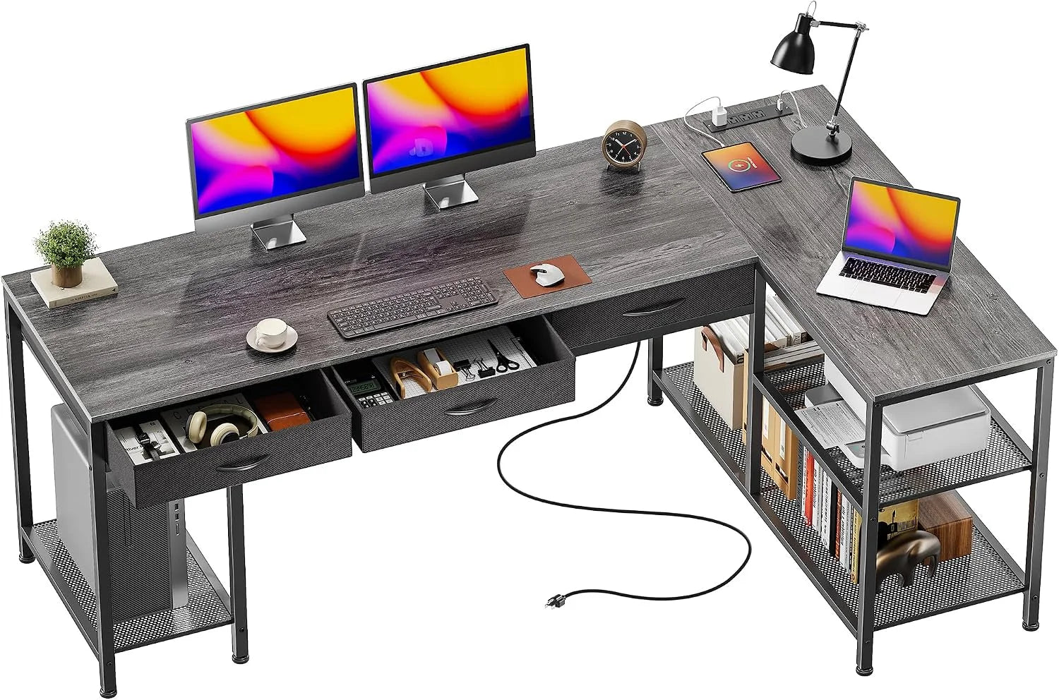 Special 55 Inch L Shaped Office Desk with Power Outlets and Type-C Port, Large Computer Gaming Desk with 3 Fabric - Image 7