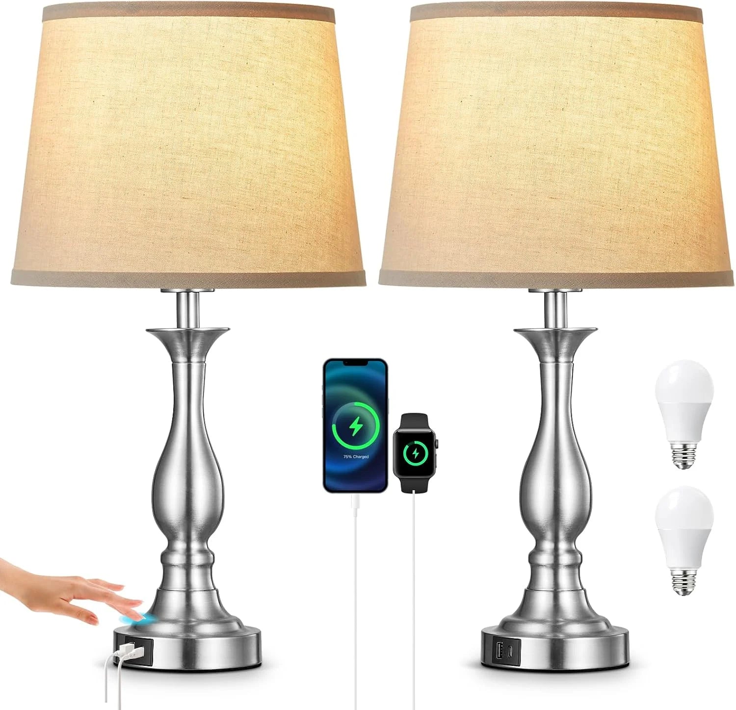 Special Bedside Table Lamp Touch Control Bedroom Lamps with USB A and C Charging Port 3 Way Dimmable Touch Lamps for Nightstand - Image 2