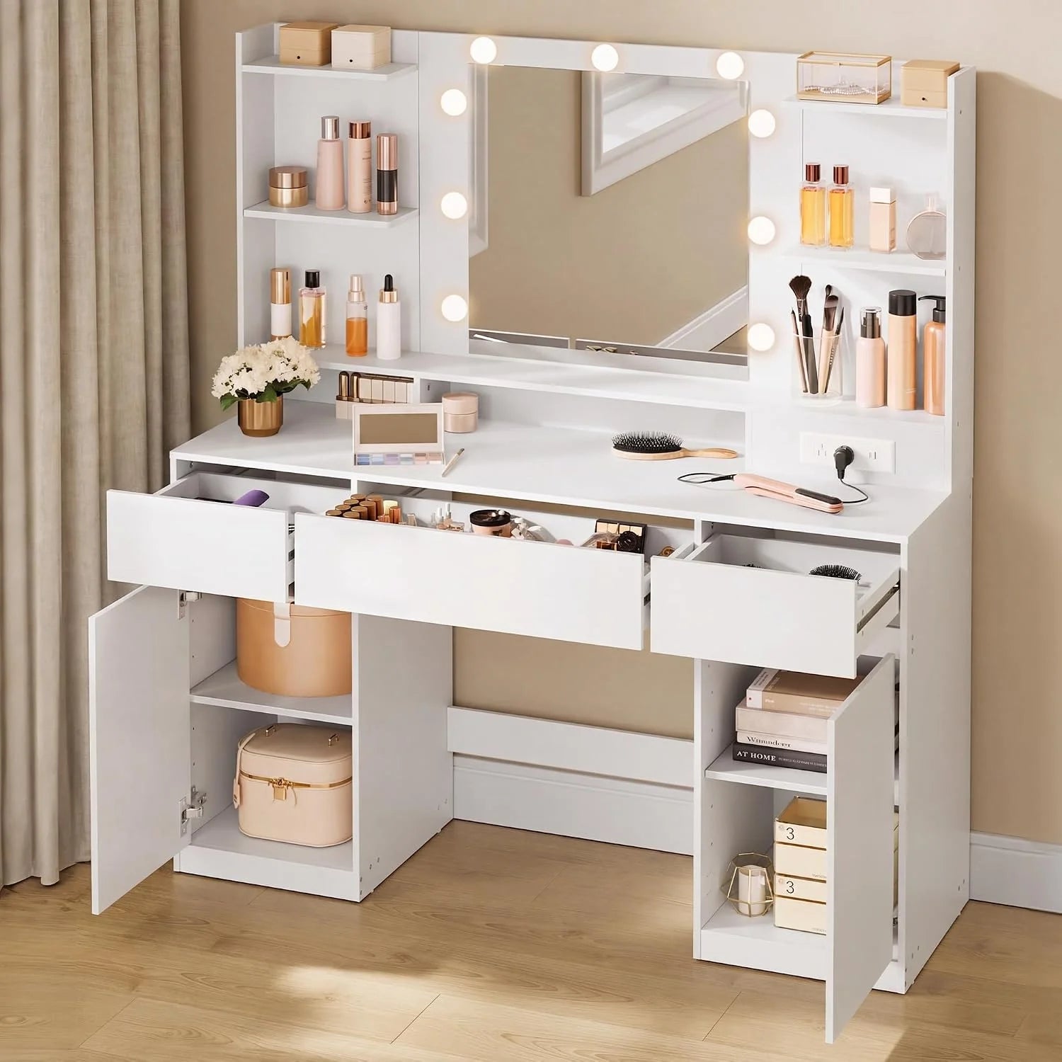 Special VASAGLE KAILYN Collection, Vanity Desk with Mirror and 9 LED Bulbs, Dressing Table with 9 Drawers - Image 4