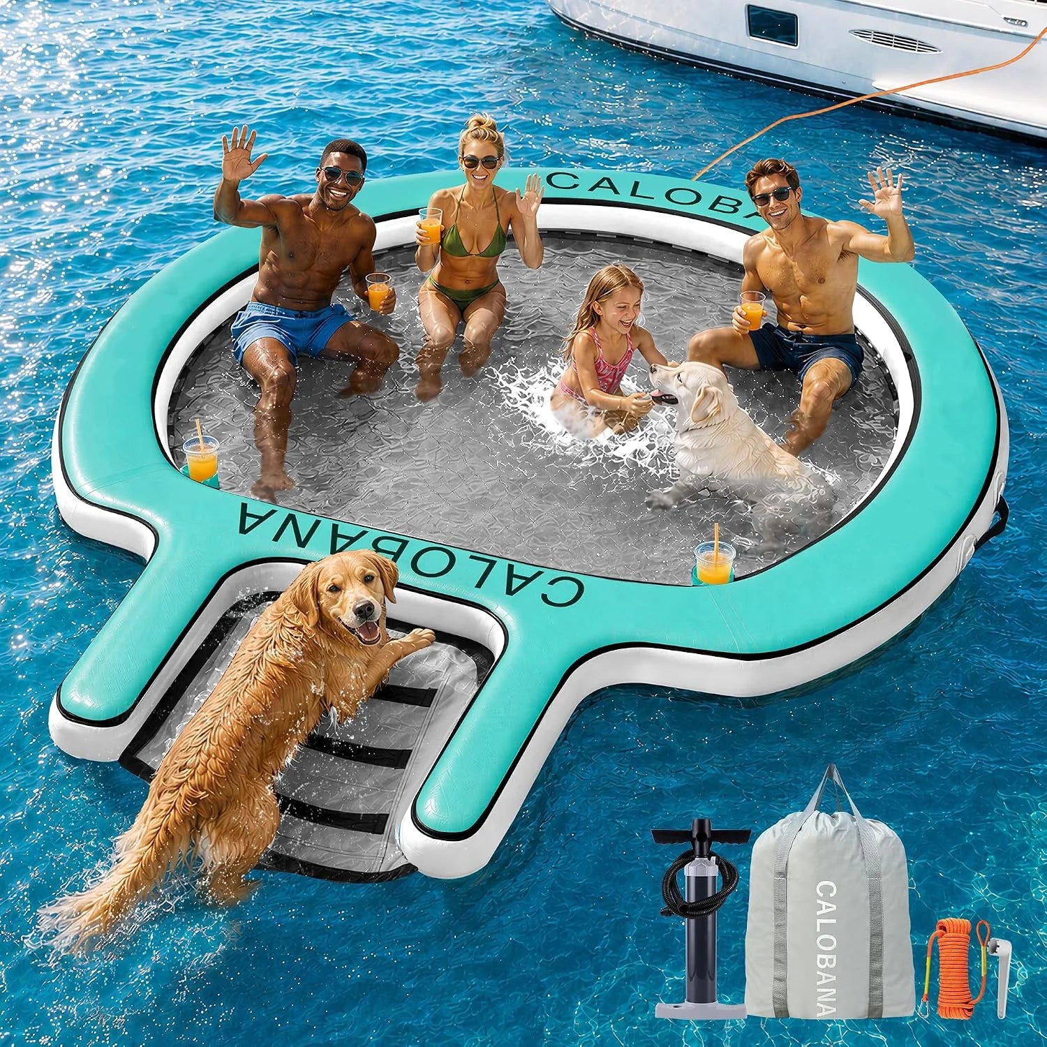 Special CALOBANA Water Hammock with Dog Boat Ramp, Inflatable Round Floating Ring for Adults Pets Heavy Duty Floating Dock - Image 4