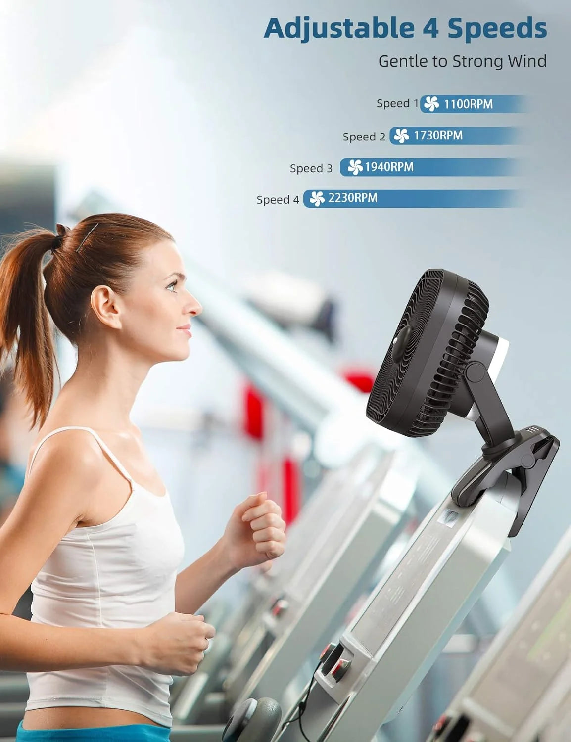 Special 20000mAh Rechargeable Portable Clip-on Fan, Battery Operated, Last 78 Hrs, 4 Speeds with Light & Hook - Image 3