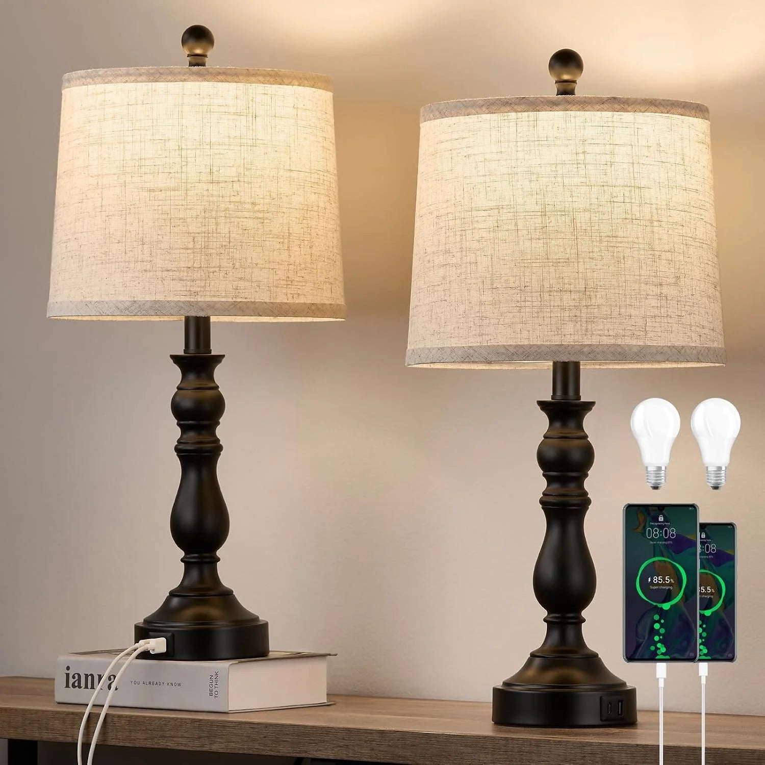 Special 23” Farmhouse Table Lamps for Living Room Set of 2 with USB C+A Ports, 3-Color Temperature, Bulb Included - Image 3