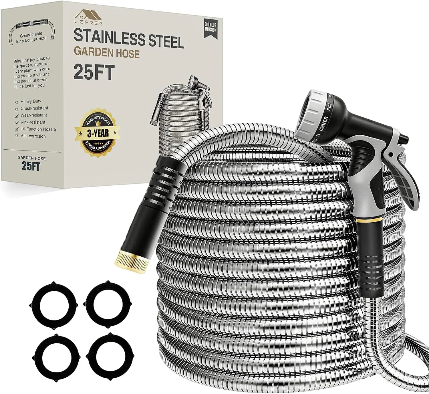 Special 150ft Stainless Steel Garden Hose, No-Kink Leak-Proof Crush Resistant, 10-Function Nozzle for Lawn Care - Image 2