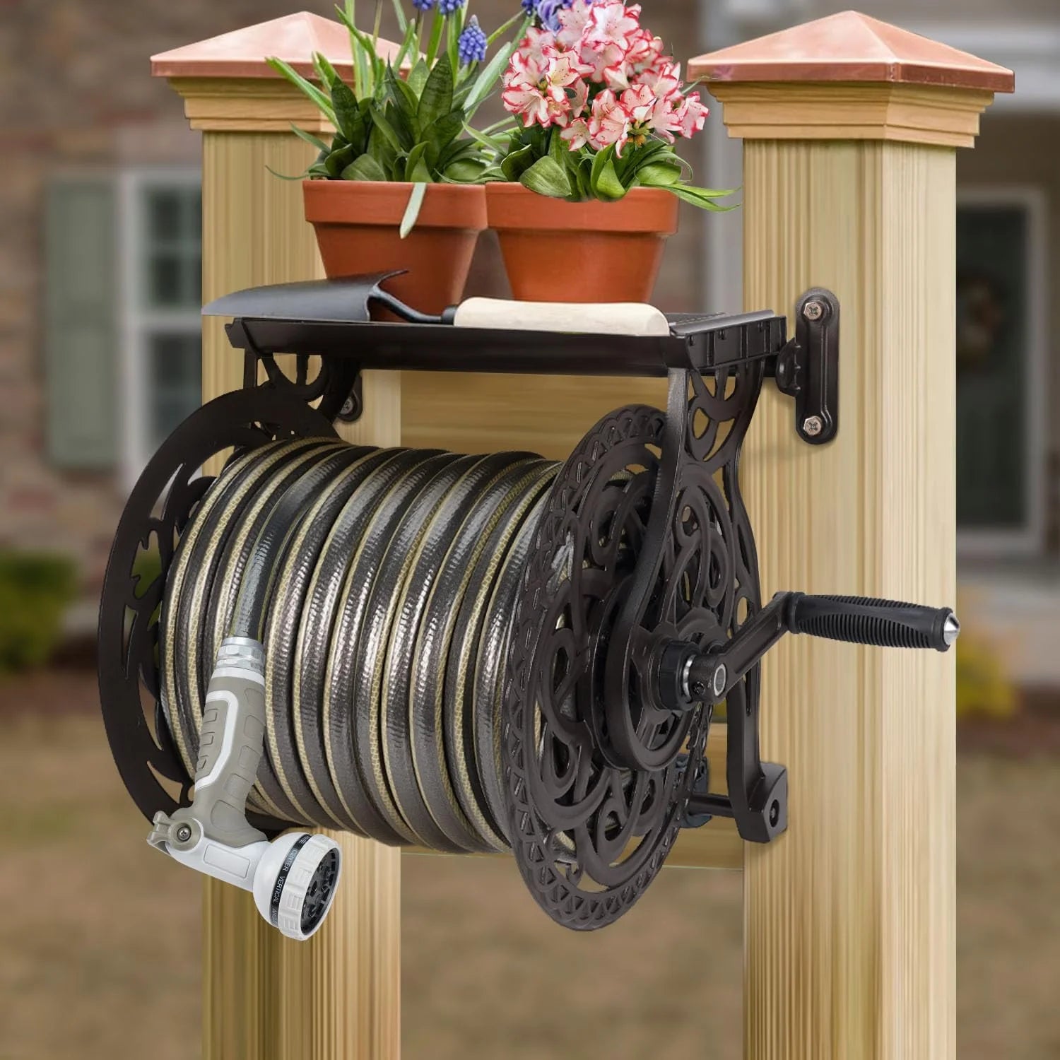 Special Wall Mount Garden Hose Reel for Outside, Holds 125 ft x 5/8" Hose Storage, Decorative Heavy Duty Water Hose - Image 2