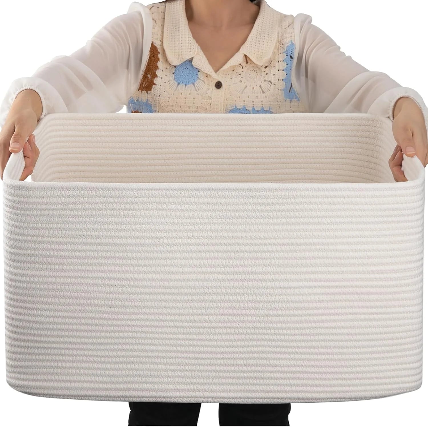 Special Large Blanket Basket, Storage Baskets with Handle, Rectangle Woven Cotton Rope Basket, Toy Organizer Bins, 22 x - Image 8