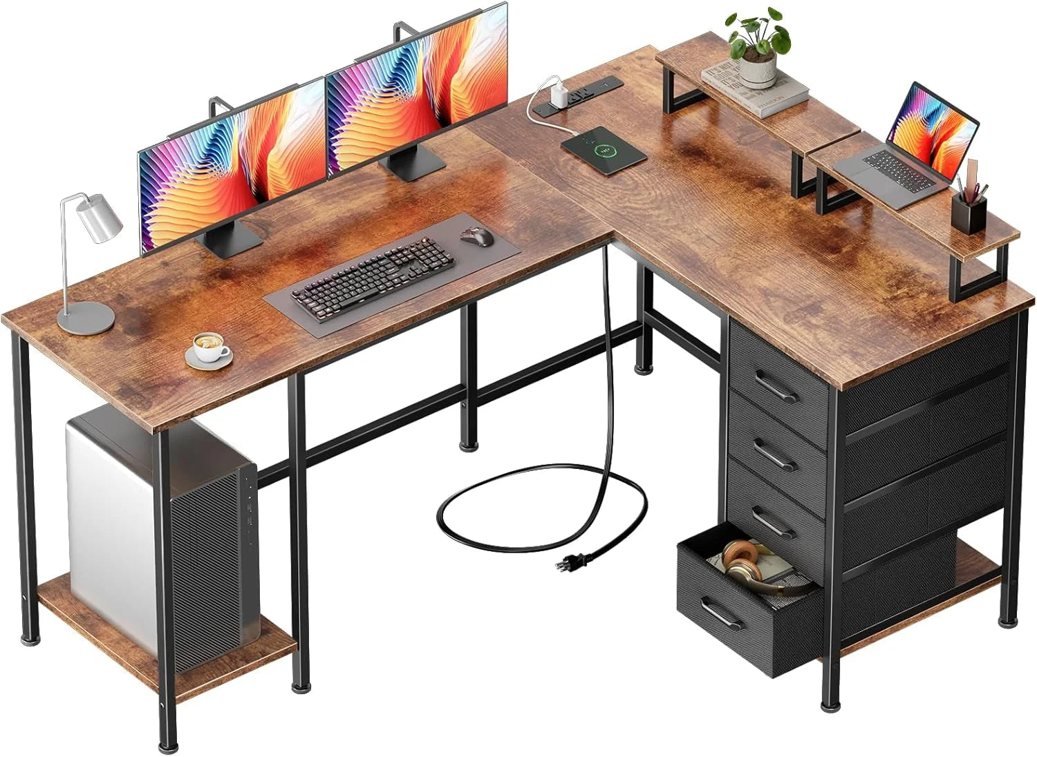 Special Korfile 59 inch L Shaped Computer Desk with Power Outlets, Home Office Desk with 4 Adjustable Storage Drawers & 2