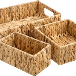 Special Pantry Baskets for Shelves 3 Pack, Rectangular Wicker Basket with Handles, Natural Water Hyacinth