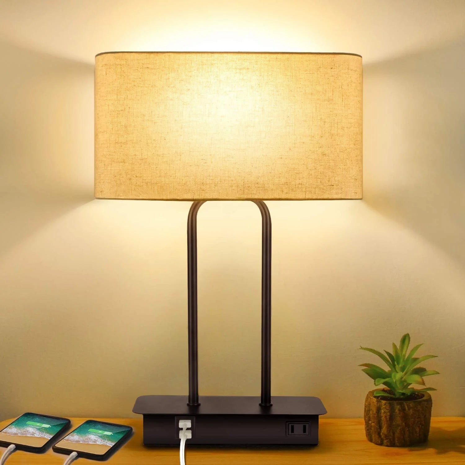 Special Dimmable Touch Control Table Lamp with 2 USB Ports and AC Power Outlet Modern Bedside Nightstand Lamp Fabric - Image 3