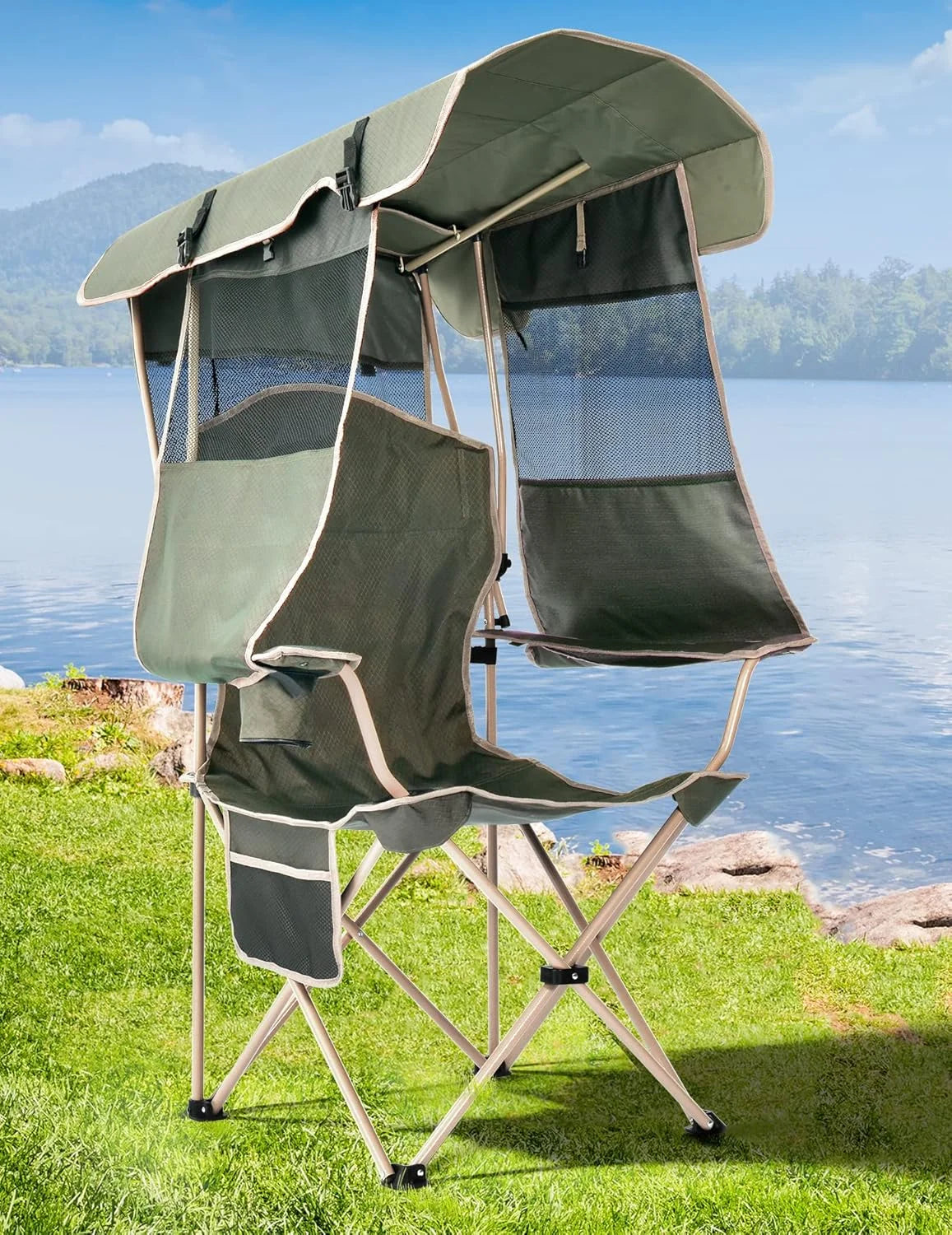 Special Docusvect Beach Chair with Canopy Shade, Folding Camping Chair with Canopy with Cup Holder, Support 330 LBS