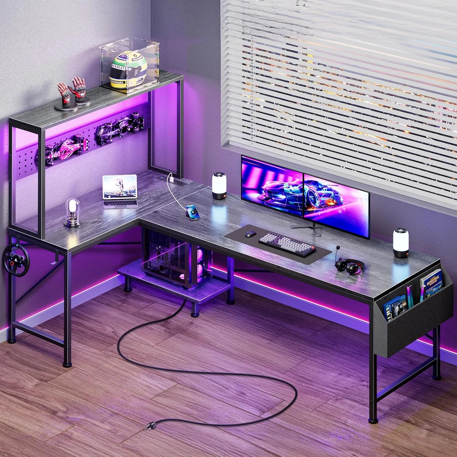 Special L Shaped Gaming Desk with LED Lights & Power Outlets, Reversible Computer Desk with Storage Shelves & Bag - Image 8